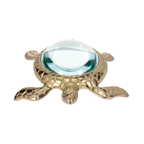 Decorative Metal Sea Turtle Sculpture – Gold Magnifying Glass – 6 in.