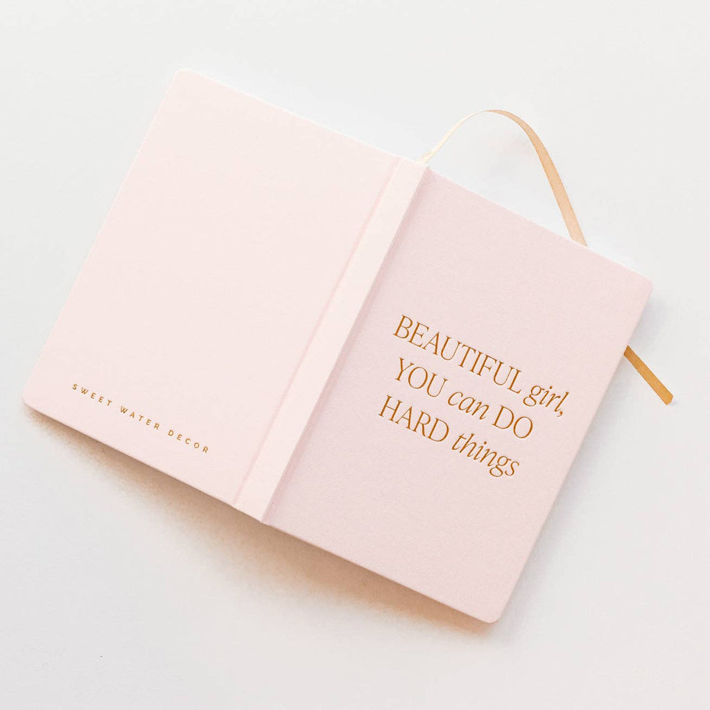 Fabric Journal – Beautiful Girl You Can Do Hard Things – Light Pink, Gold Foil, 100 Pages