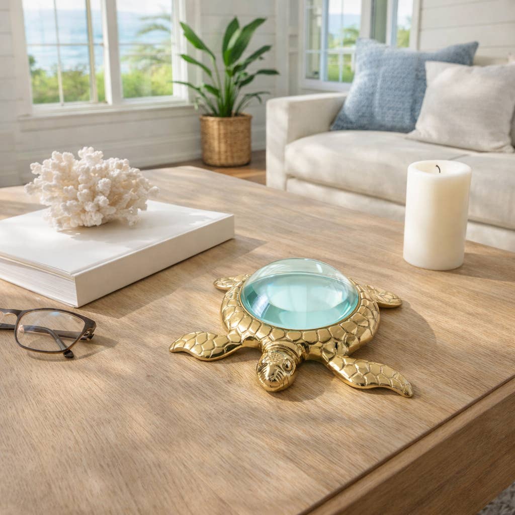 Decorative Metal Sea Turtle Sculpture – Gold Magnifying Glass – 6 in.