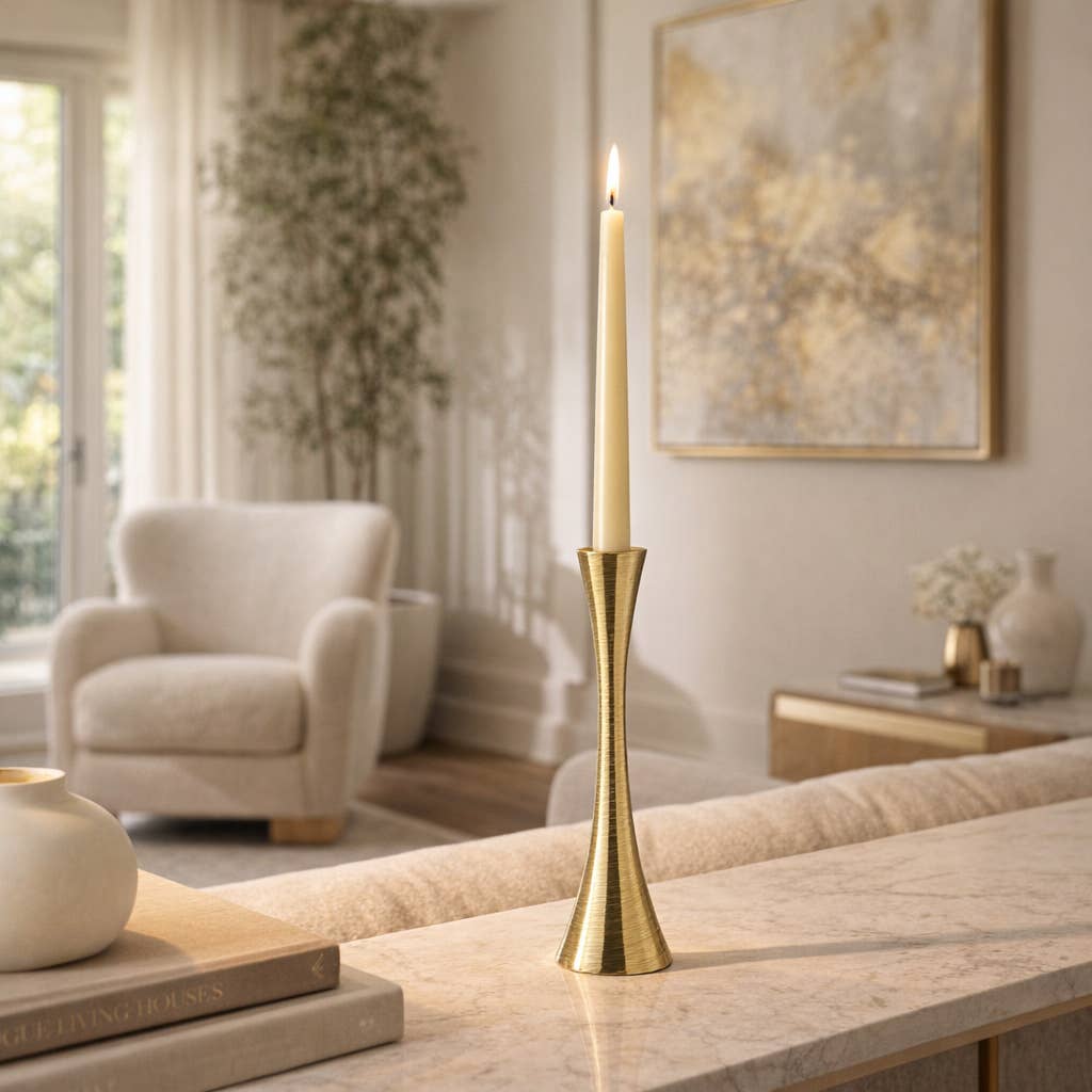 Taper Candle Holder – Gold Metal Modern Hourglass – 9 in.