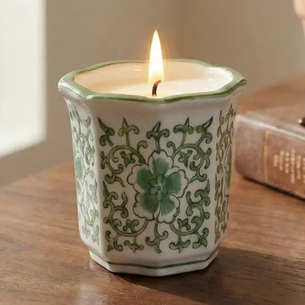 Scented Soy Candle – Sagebrook Home Plumeria – Green Chinoiserie Stoneware, 6 oz.