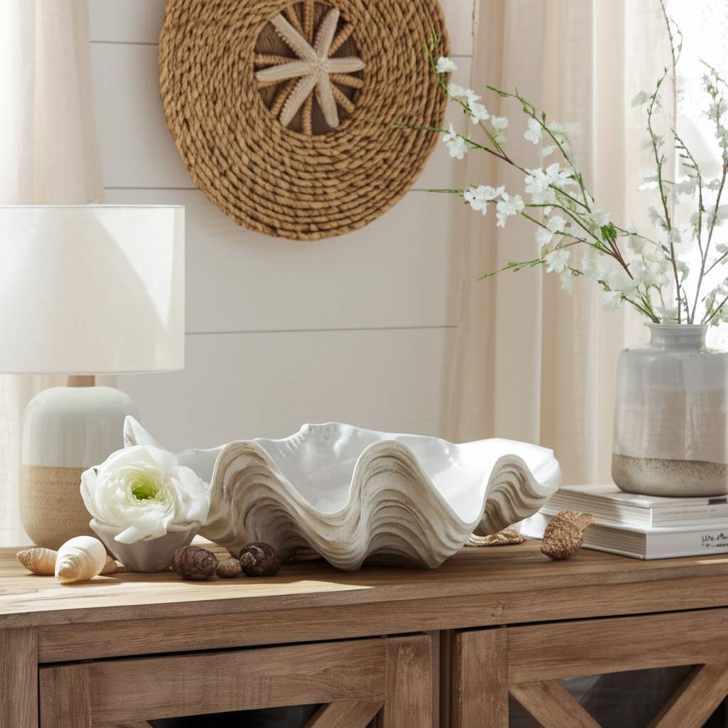 Coastal Decorative Bowl – Ivory Resin Pearlized Shell – 9 in.