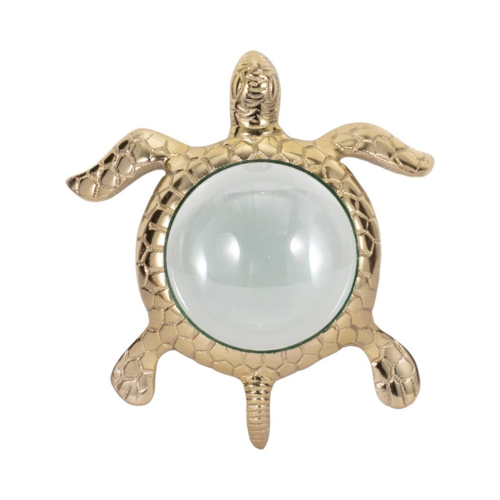 Decorative Metal Sea Turtle Sculpture – Gold Magnifying Glass – 6 in.